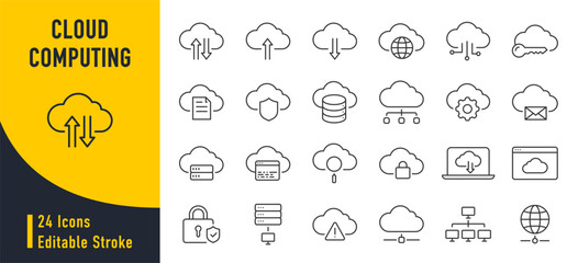 Cloud computing web icons in line style. Cloud technology, data center, connection network, digital service, database platform, collection. Vector illustration.
