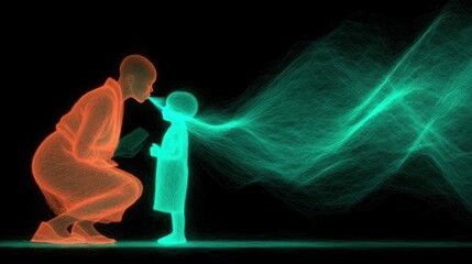 Aufkleber - technology style whit net glowing wave,glowing line glow wave,glow line , african mother helping child use nebulizer aerosol