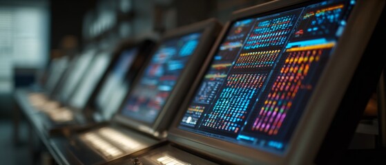 Wall Mural - dynamic data streams illuminate across sleek monitors, hinting at digital evolution.