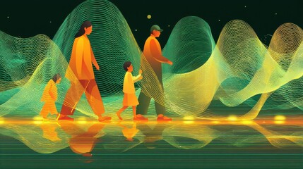Aufkleber - technology style whit net glowing wave,glowing line glow wave,glow line , family having fun with children.stock image