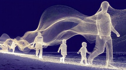Aufkleber - technology style whit net glowing wave,glowing line glow wave,glow line , happy family running on beach,stock photo