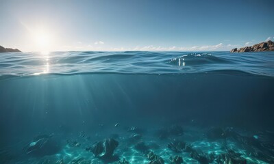 sunlit, tranquil blue ocean surface revealing vibrant underwater scene, calm, bright