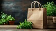 © Sara - Rustic wooden table.  Brown paper bag with rope handles.