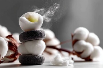 Aufkleber - Decorative cotton and soapstone arrangement with wisps of steam highlighting natural textures in a serene setting