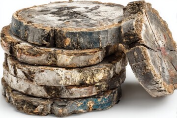 Aufkleber - Stacked wooden rounds displaying natural texture and rustic charm in a workshop setting