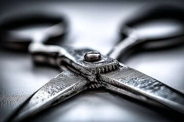 Poster - Close-up view of shiny metal scissors resting on a smooth surface in a well-lit workspace