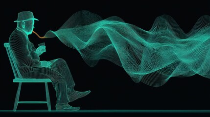Fototapete - technology style whit net glowing wave,glowing line glow wave,glow line , sad senior man drinking alone