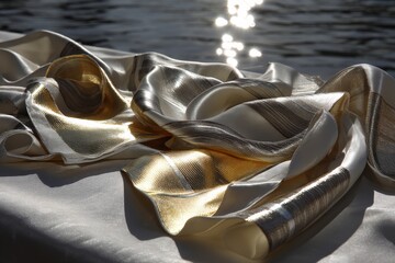 Leinwandbilder - Luxurious silk fabric draped gracefully by sparkling water in the afternoon sun at an outdoor location
