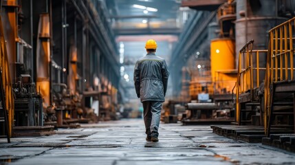 Wall Mural - Factory worker in a hard hat is walking through industrial facilities