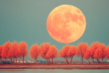 Poster - Vibrant autumn trees under a large, luminous moon at dusk in a serene landscape