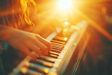Woman playing keyboard at sunset music hobby creative lifestyle