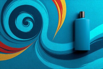 Fototapete - Vibrant blue bottle on colorful abstract background showcasing creative design and bold colors