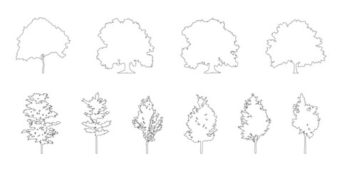 Aufkleber - silhouette tree line drawing set, Side view, set of graphics trees elements outline symbol for architecture and landscape design drawing. Vector illustration in stroke fill in white. Tropical