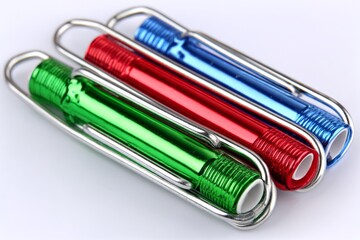 Poster - Colorful metal pens arranged in a neat pattern showcasing vibrant hues of red, green, and blue on a white background