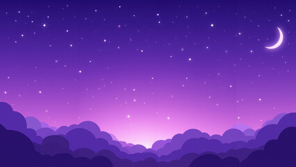 Wall Mural - a night sky illustration filled with stars and a crescent moon, illuminated by a soft purple hue. th