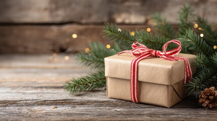 Poster - Gift Box Decorated With Ribbon and Pine Branches on a Rustic Wooden Table During the Christmas Season With Empty Space on the Right Side