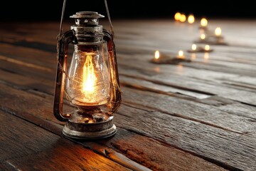Aufkleber - Vintage lantern illuminating rustic wooden floor with glowing candles in the background during a cozy evening
