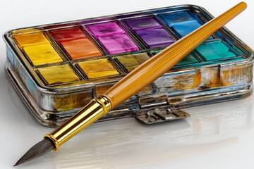Poster - Colorful watercolor palette with paintbrush on a white background for artistic creativity