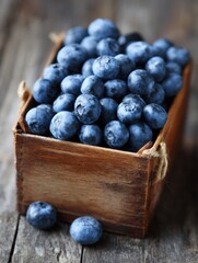 Poster - Fresh Blueberries in a Wooden Box Placed on a Rustic Surface With a Soft Blurred Right Side Background Showcasing a Natural Setting
