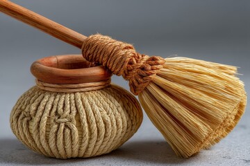 Aufkleber - Handcrafted broom and container made from natural materials displayed on a neutral background