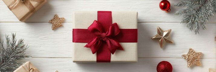 Aufkleber - Square Holiday Gift With Red Ribbon and Decorative Elements on a Wooden Background in a Festive Setting