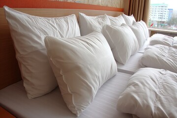 Poster - Cozy white pillows on a neatly made bed in a bright hotel room, inviting relaxation and comfort for guests