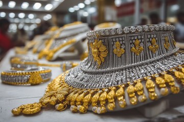 Aufkleber - Jewelry display showcases intricate gold and silver ornaments at a bustling market in the evening