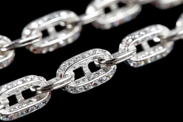 Poster - Close-up view of sparkling silver jewelry chain with intricate links and shiny details against a dark background
