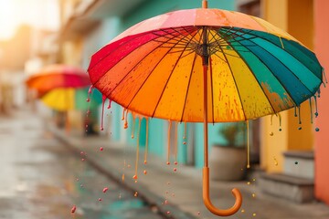Leinwandbilder - Colorful umbrellas with paint drips brighten a city street during a sunny afternoon in a vibrant urban setting