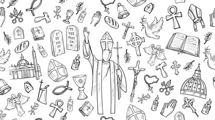 Horizontal Background Catholic Religious Elements with Doodle Line Art Illustration Style. Hand Drawn Vector