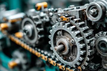 Leinwandbilder - Detailed view of metallic gears and chains in machinery during a routine industrial inspection