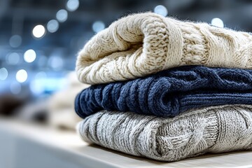 Fototapete - Cozy knitted sweaters stacked neatly in a modern boutique showcasing fall fashion in a warm ambiance