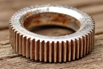 Leinwandbilder - Close-up of a metallic gear on a wooden surface showcasing intricate teeth and weathered texture in natural light