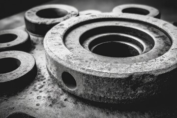 Leinwandbilder - Close-up view of metallic mechanical parts on a workbench highlighting wear and texture in a workshop setting