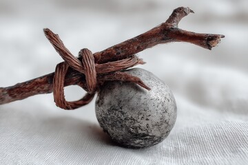 Wall Mural - rustic metal sphere tied to a twig with brown string on a light fabric surface in a close-up view