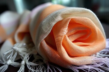 Leinwandbilder - Soft orange scarf elegantly rolled on a table, showcasing delicate textures and colors in a relaxed setting