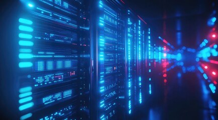 Aufkleber - Glowing data servers in a futuristic corridor illuminated with blue lights, representing high-tech digital storage, cyber infrastructure, and cloud computing