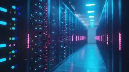 Aufkleber - 3D render of futuristic data center interior with symmetric rows of glowing blue server cabinets, showcasing cloud technology and scalable infrastructure