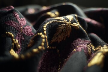 Aufkleber - Detailed close-up of fabric with intricate floral embroidery in rich colors during daylight