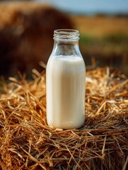 Aufkleber - Fresh Goat Milk in Glass Bottle Placed on Straw in a Sunlit Rural Setting Capturing the Essence of Farm Life
