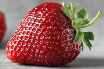Wall Mural - Fresh and ripe strawberry resting on a gray surface ready for use in desserts or smoothies