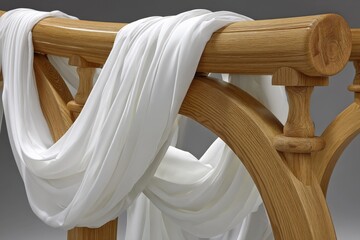 Leinwandbilder - Elegant white fabric draped over a wooden railing in a contemporary setting showcasing texture and design