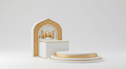 Wall Mural - elegant white and gold islamic podium display scene for product presentation, ideal for ramadan and 