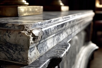 Poster - Detailed close-up of a beautifully aged marble countertop showcasing its unique textures and imperfections in a historic interior setting