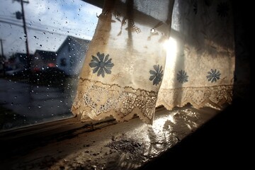Aufkleber - Natural light shines through lace curtain on a rainy day in a cozy room
