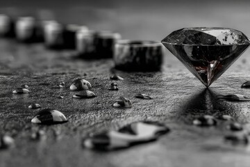 Leinwandbilder - Sparkling diamond surrounded by water droplets on a reflective surface with dark background