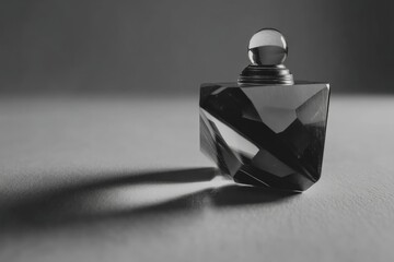Poster - Elegant crystal perfume bottle casting shadows on a surface during soft light