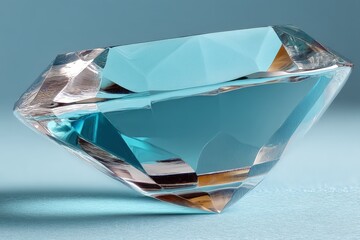 Leinwandbilder - Crystal diamond sculpture showcasing clear and blue facets on a soft gray background with light reflections