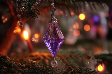 Aufkleber - Delicate purple crystal ornament hanging from evergreen branches during festive holiday decorations in a cozy setting