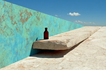Poster - Contemporary art installation featuring a stone shelf and ceramic vase against a blue sky backdrop